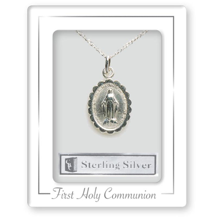 First Holy Communion, Sterling Silver Miraculous Medal Complete With 18 Inch Length Chain