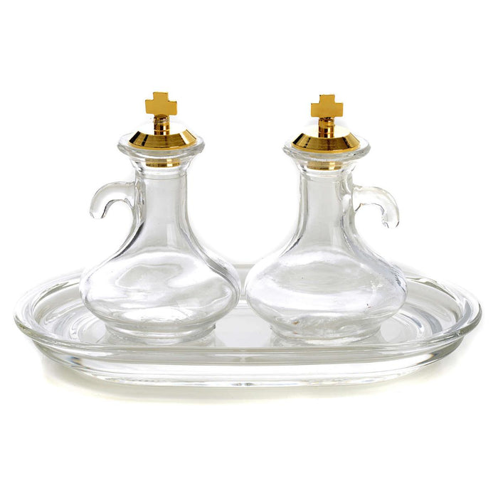 Glass Cruet Set - Gold Plated Stoppers and Glass Tray, Cruet Size 7.5cm / 3 Inches High
