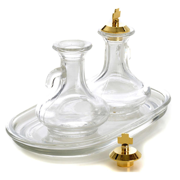 Glass Cruet Set - Gold Plated Stoppers and Glass Tray, Cruet Size 7.5cm / 3 Inches High