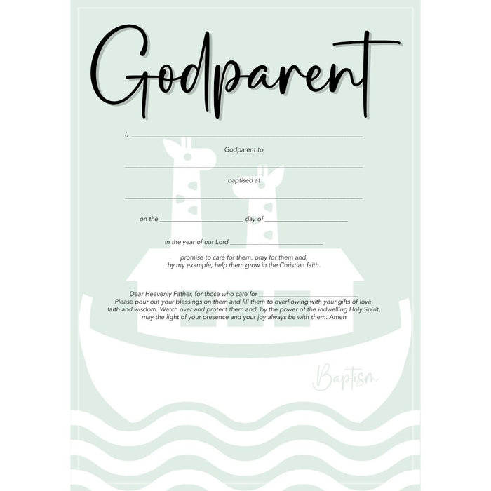 Godparent Certificate - Ark Design With a Godparent Prayer, Pack Of 10 A5 Size
