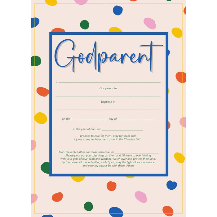 Godparent Certificate - Colourful Dots Design With a Godparent Prayer, Pack Of 10 A5 Size