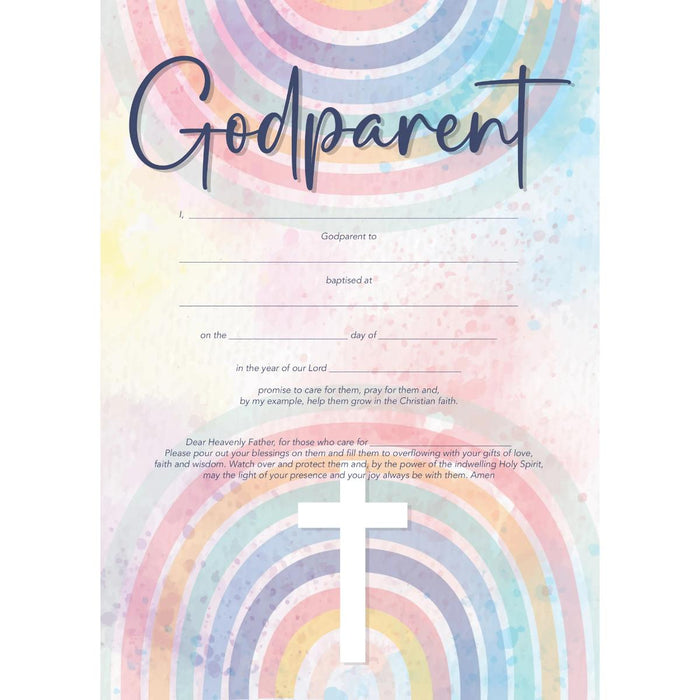 Godparent Certificate - Cross and Rainbow Design With a Godparent Prayer, Pack Of 10 A5 Size