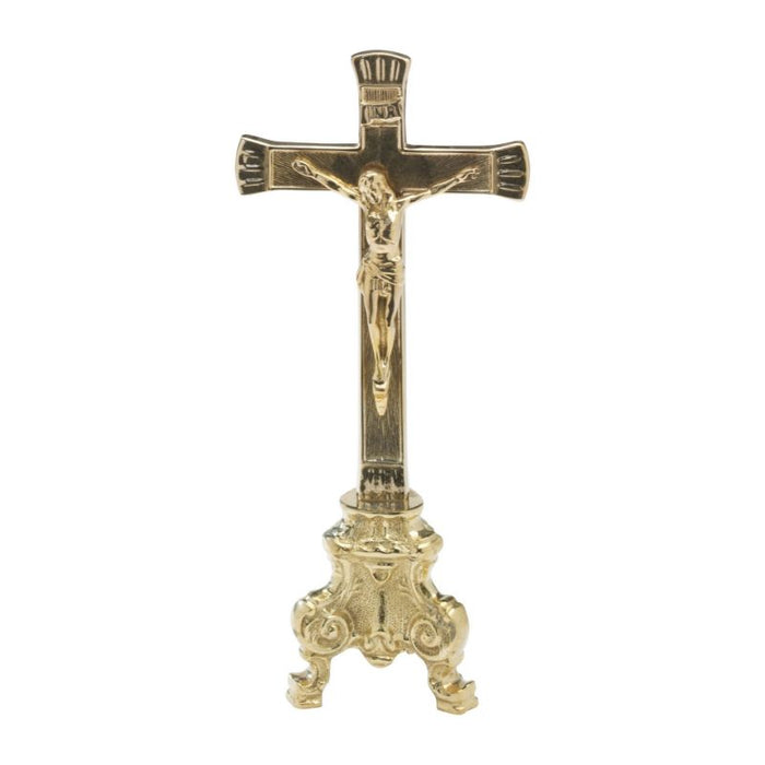 Gold Plated Brass Crucifix, Roccoco Base Design 10.25 Inches / 26cm High