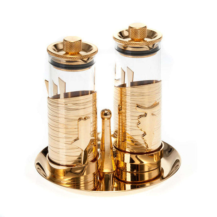 Gold Plated Cruet Set and Tray - Air and Watertight Lids - Cruet Height 12cm / 4.75 Inches