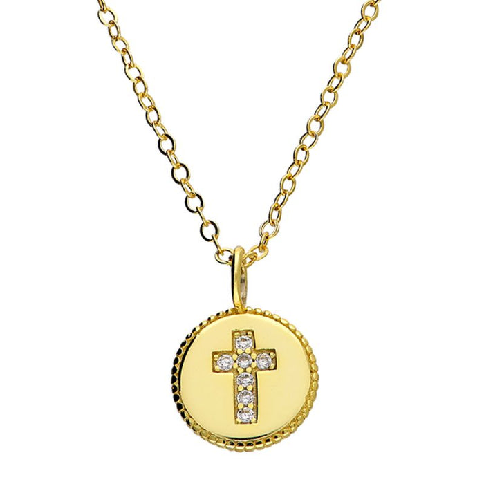 Gold Plated Sterling Silver Cross Necklace, Cubic Zirconia Set Cross, Complete With Extender Trace Chain 42-45cm