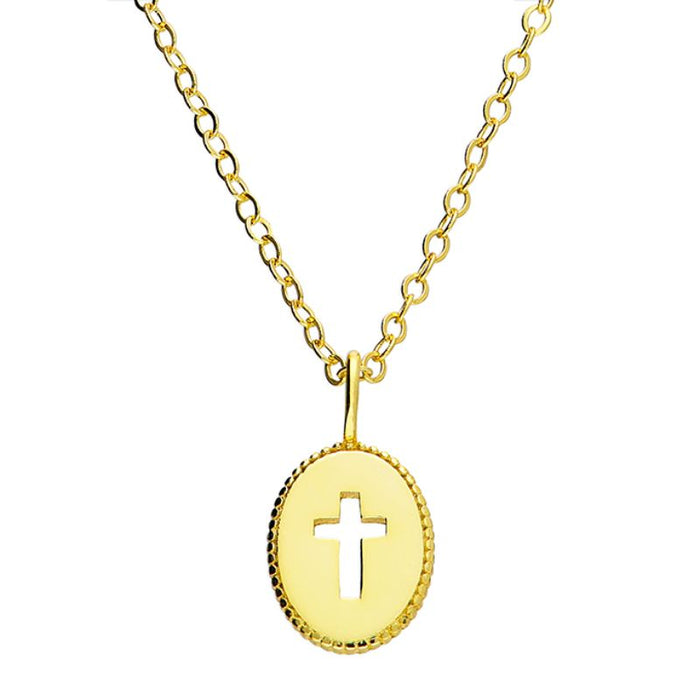 Gold Plated Sterling Silver Cross Necklace, Cut Out Cross Disc Complete With Extender Trace Chain 42-45cm