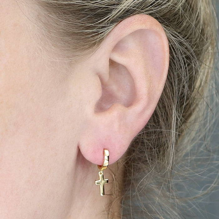 Gold-Plated Sterling Silver Plain Cross Earrings On 10mm Hinged Huggie Hoop
