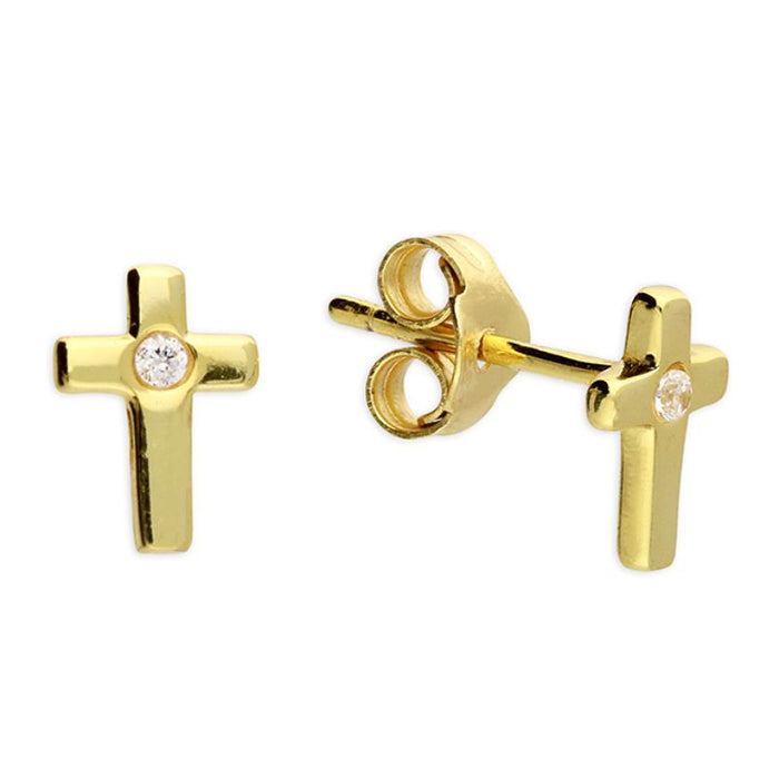 Gold Plated Sterling Silver Small Cross Studs Earrings, Set With a Single Centered Cubic Zirconia Stone 8mm In Length