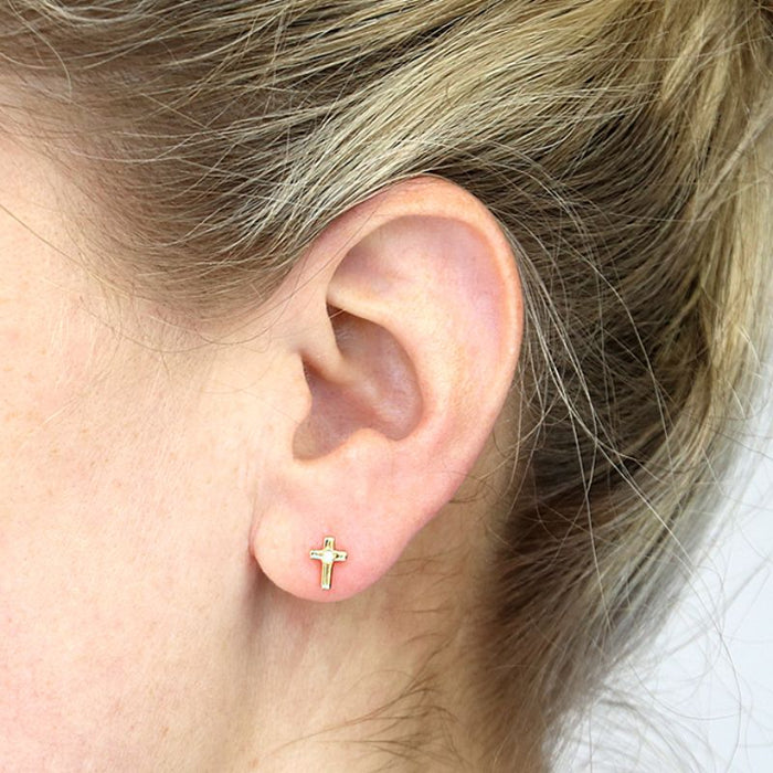Gold Plated Sterling Silver Small Cross Studs Earrings, Set With a Single Centered Cubic Zirconia Stone 8mm In Length
