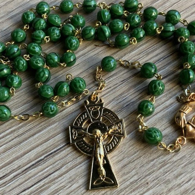 Green Glass Rosary, With 8mm Diameter Embossed Shamrock Beads, Gold Celtic Cross & Claddagh Junction