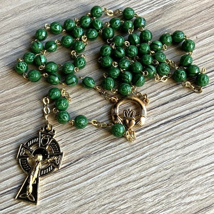 Green Glass Rosary, With 8mm Diameter Embossed Shamrock Beads, Gold Celtic Cross & Claddagh Junction