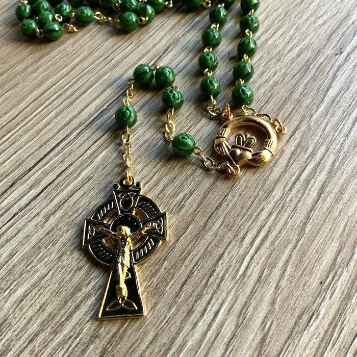 Green Glass Rosary, With 8mm Diameter Embossed Shamrock Beads, Gold Celtic Cross & Claddagh Junction