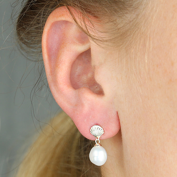 Pilgrim Shell With Keshi Pearl Drops, Sterling Silver Stud Earrings 20mm High