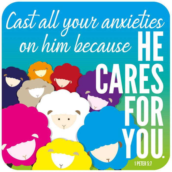 He Cares For You, Coaster With Bible Verse 1 Peter 5:7 Size 9.5cm / 3.75 Inches Square