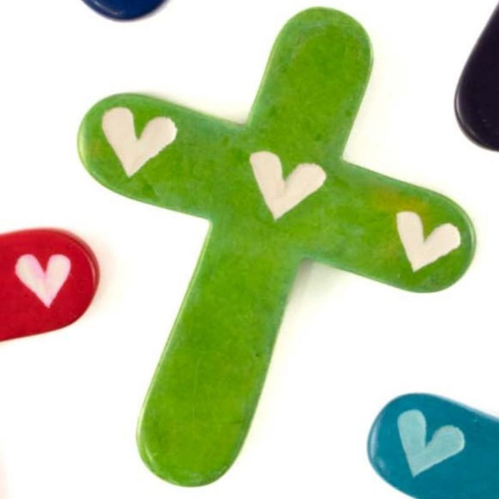 Holding Cross, Hand Carved Soapstone Green Heart Design 7.8cm / 3 Inches High