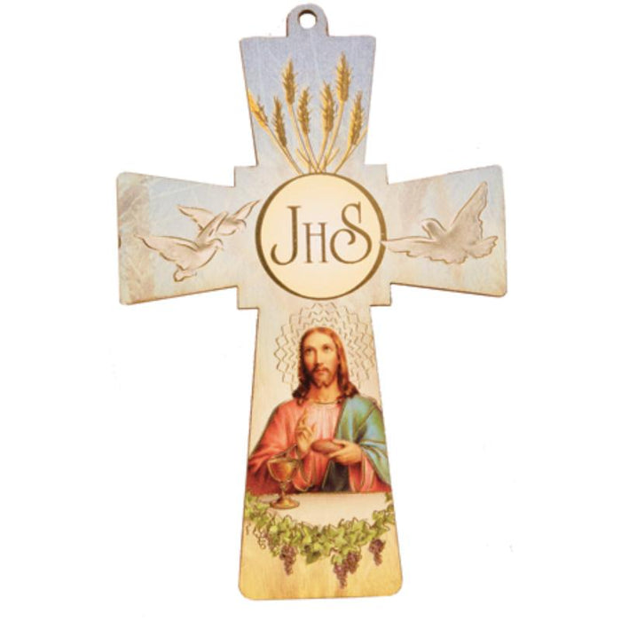 Holy Communion, Lazer Cut Wooden Cross With Gold Highlights 14.5cm / 5.75 Inches High