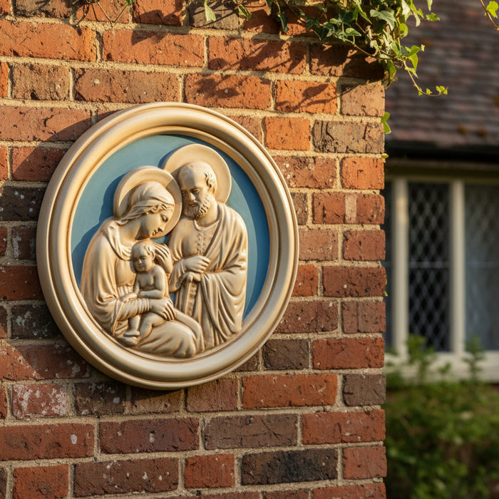 Decorative plaque with a religious scene of a family on a blue background