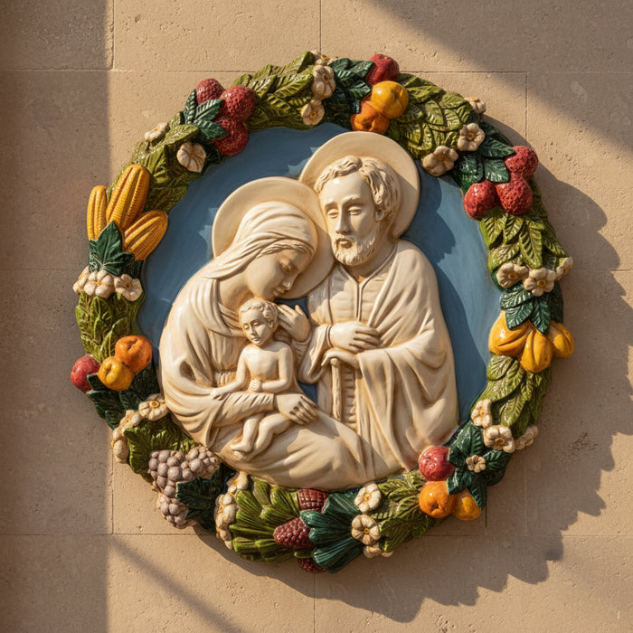 Decorative wall plaque featuring a religious scene with a couple and child, surrounded by fruits and flowers.