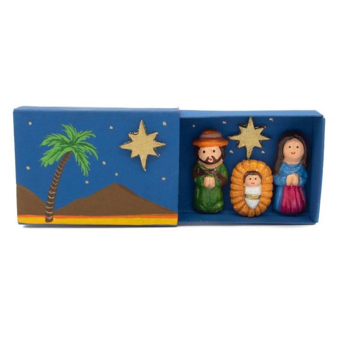 Holy Family Nativity In a Matchbox, Palm Tree Design Fairtrade Peruvian Ceramic Figurines 5 Piece Set