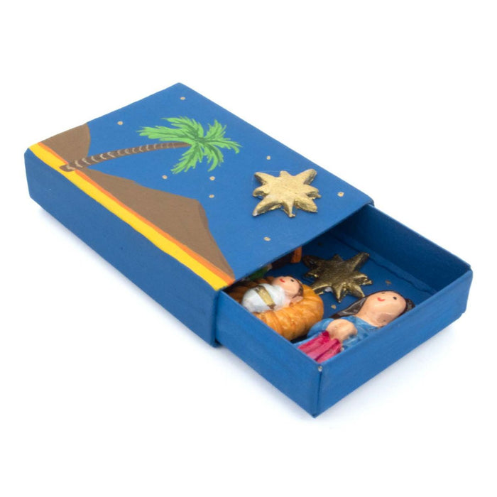 Holy Family Nativity In a Matchbox, Palm Tree Design Fairtrade Peruvian Ceramic Figurines 5 Piece Set