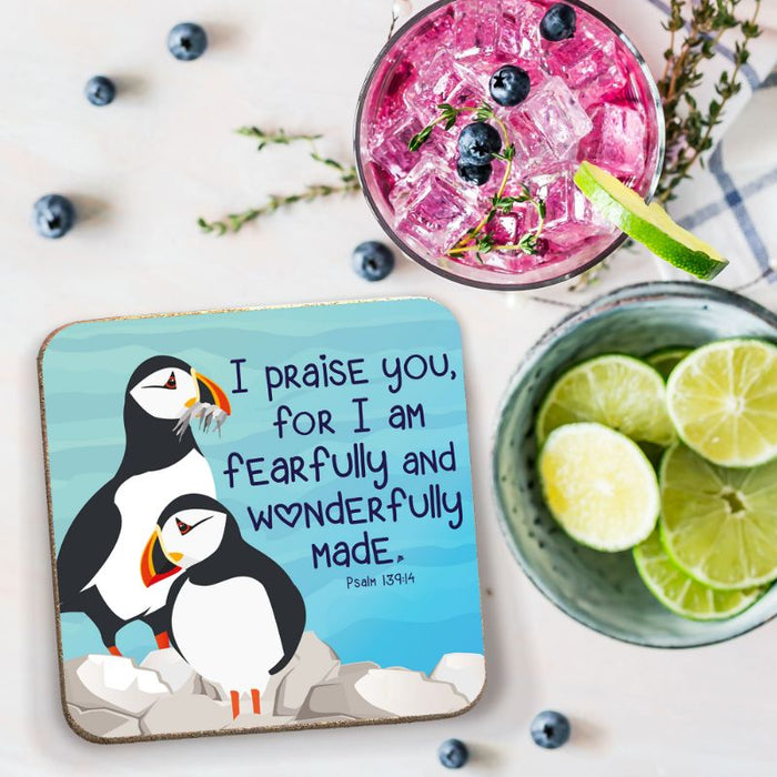 I Praise You For I Am Fearfully And Wonderfully Made, Coaster With Bible Verse Psalm 139:14 Size 9.5cm / 3.75 Inches Square