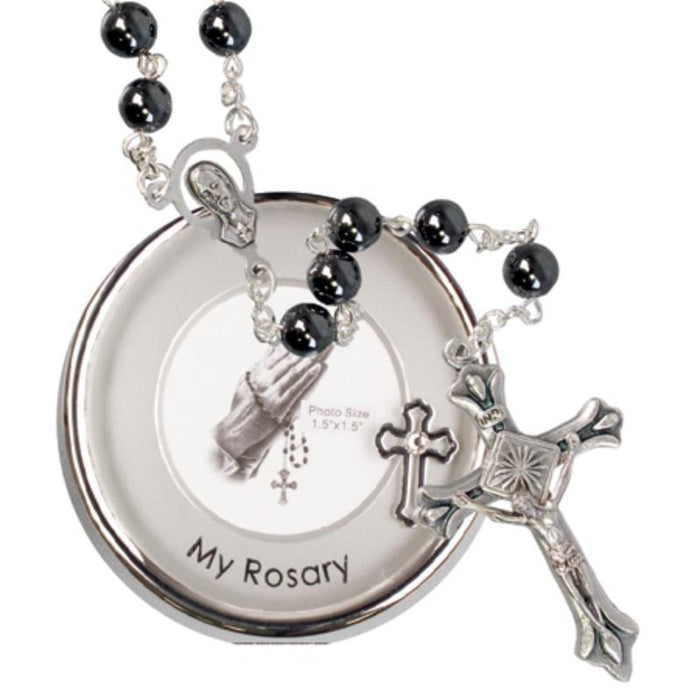 Imitation Hematite - Glass Rosary With 6mm Round Beads and Presentation Photo Box
