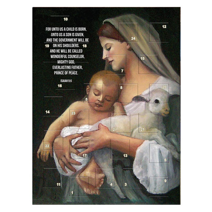A Christmas advent calendar featuring a classical painting of the Virgin Mary holding baby Jesus and a white dove, with numbered boxes overlaid on the artwork and a Bible verse printed on the left side.