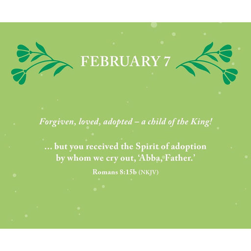 A square green card or print with decorative leaf illustrations at the top corners and the text 'FEBRUARY 7' in white, followed by a Bible verse from Romans 8:15b (NKJV).
