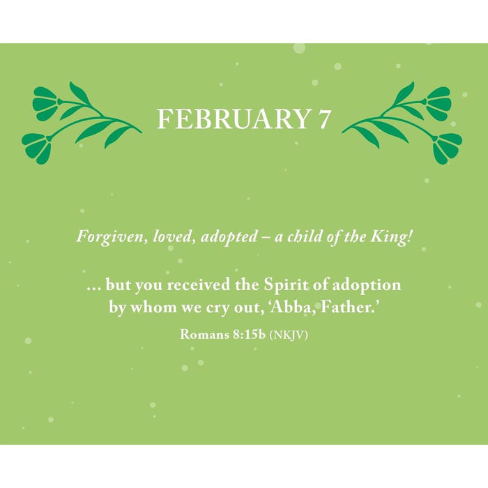 A square green card or print with decorative leaf illustrations at the top corners and the text 'FEBRUARY 7' in white, followed by a Bible verse from Romans 8:15b (NKJV).
