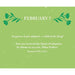 A square green card or print with decorative leaf illustrations at the top corners and the text 'FEBRUARY 7' in white, followed by a Bible verse from Romans 8:15b (NKJV).