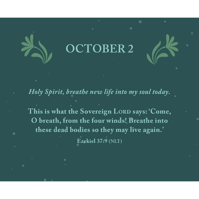A square teal religious quote card with the date 'OCTOBER 2' at the top, decorative leaf illustrations on both sides, and two paragraphs of white text below featuring a Bible verse from Ezekiel 37:9 (NLT).