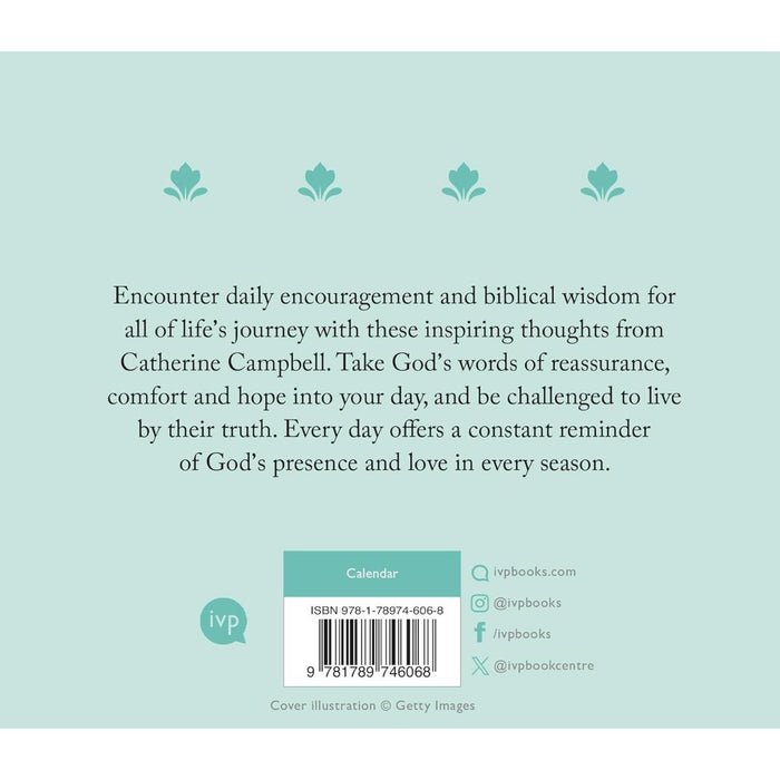 Back cover of a book titled 'Calendar' by Catherine Campbell, featuring a light mint green background with a teal ivp logo, a barcode, and descriptive text.