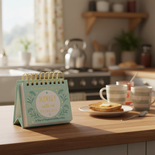 A spiral-bound daily devotion desk calendar titled 'Journey with me EVERY DAY' by Catherine Campbell. The cover is a soft mint green with gold foil lettering and botanical illustrations, supported by a matching mint green stand.