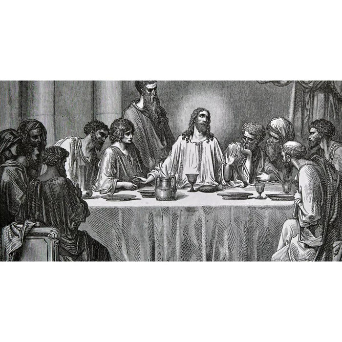A black and white historical engraving depicting the Last Supper, showing Jesus and his disciples seated around a table with wine glasses and food.