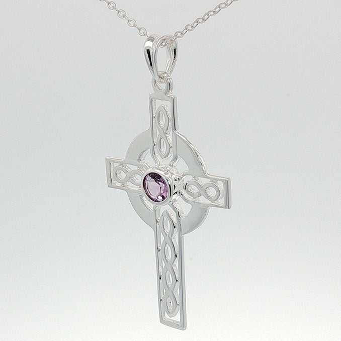 Celtic Cross With Amethyst 44mm High Sterling Silver Pendant