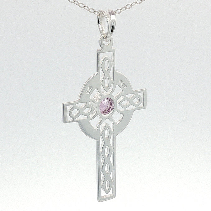 Celtic Cross With Amethyst 44mm High Sterling Silver Pendant