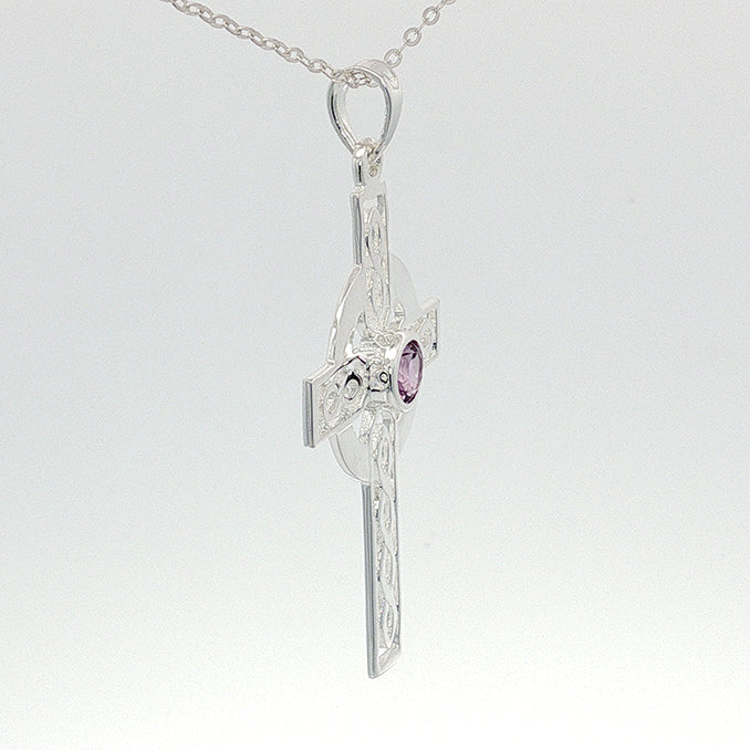 Celtic Cross With Amethyst 44mm High Sterling Silver Pendant