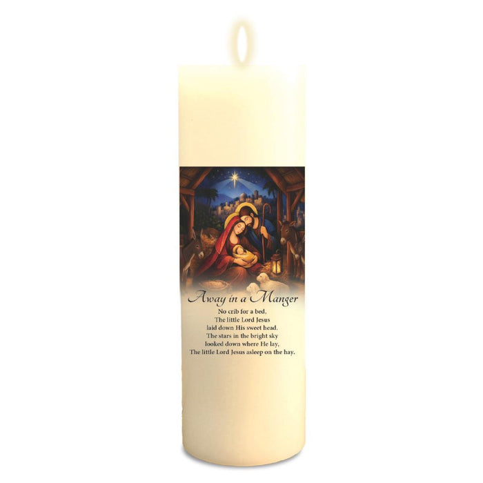 LED Wax Christmas Candle With Timer - Away In A Manger, Nativity Scene - 6 Inches High