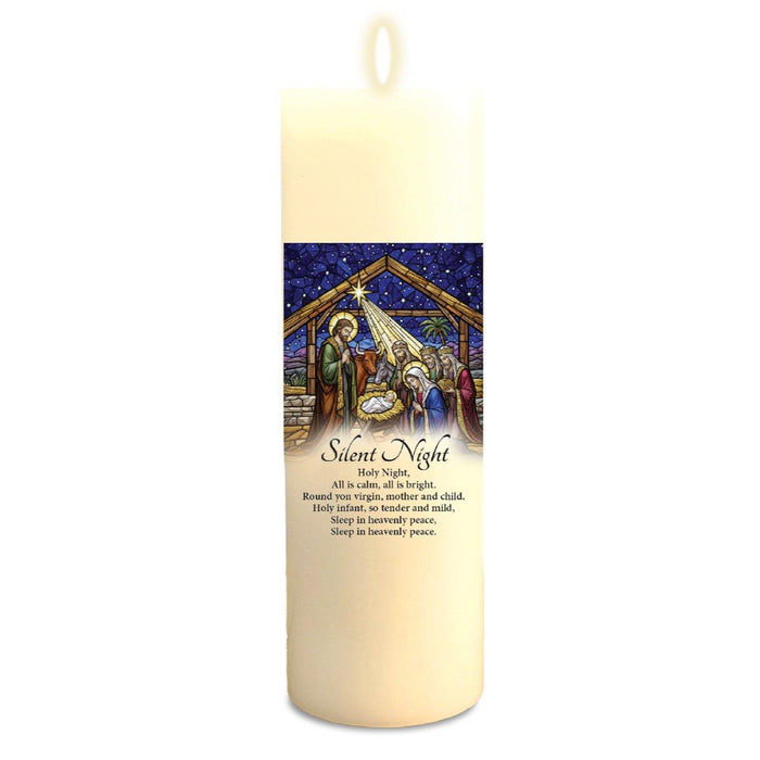 LED Wax Christmas Candle With Timer - Silent Night, Nativity Scene - 6 Inches High