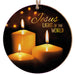 Round hanging ornament with a printed design of three lit candles on a dark background and the text 'Jesus LIGHT OF THE WORLD' in gold and white lettering.