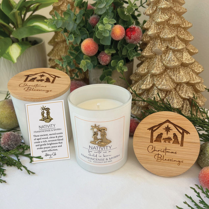 Luxury Scented Candle, Frankincense & Myrrh - Nativity - Glass Jar 8cm / 3.25 Inches High