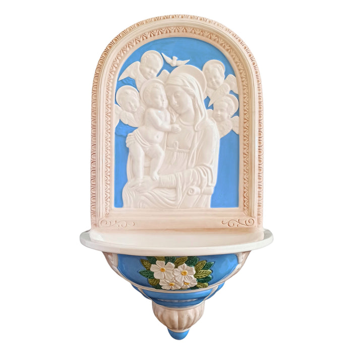 Mother and Child With Angels - Della Robbia Ceramic Holy Water Font 58cm / 22.75 Inches High SPECIAL ORDER ONLY