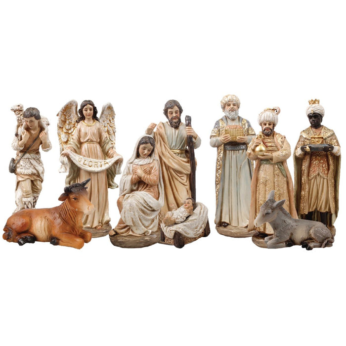 14% OFF Nativity Crib Figures 15cm / 6 Inches High, Set of 10 Handpainted Pearlised Finish Resin Figures With Gold Highlights