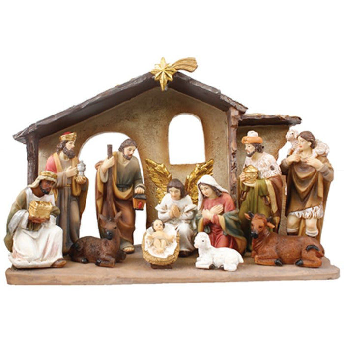 Nativity Crib Set, 11 Handpainted Resin Figures 10cm / 4 Inches High and 25cm / 10 Inch Wide Stable