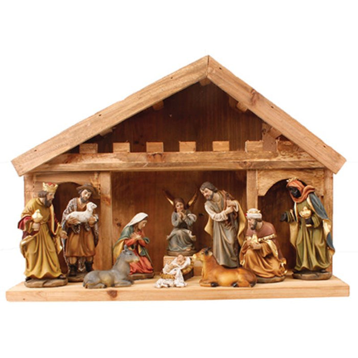 Nativity Crib Set, 11 Handpainted Resin Figures 10cm / 4 Inches High and 38cm / 15 Inch Wide Stable