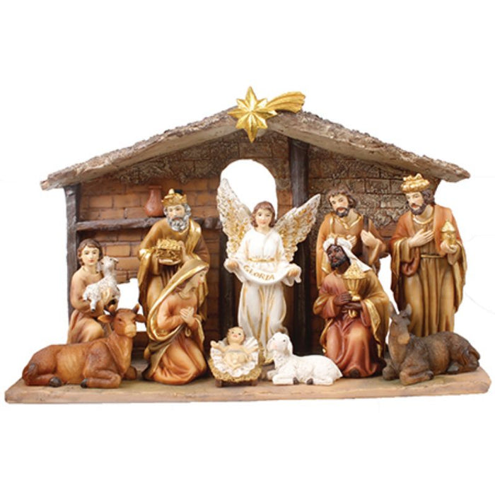 Nativity Crib Set, 11 Handpainted Resin Figures 14cm / 5.5 Inches High and 33cm / 13 Inch Wide Stable