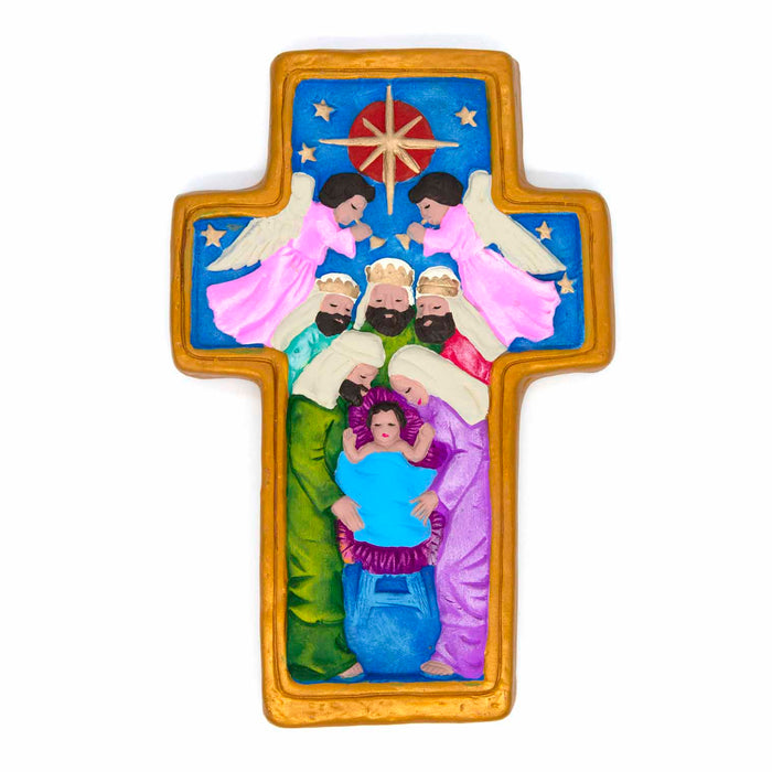 Nativity Cross - Fairtrade Terracotta Cross Handmade In Mexico, Size 30cm / 12 Inches High