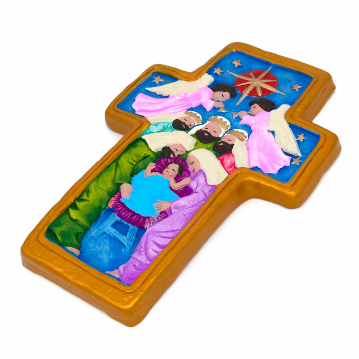Nativity Cross - Fairtrade Terracotta Cross Handmade In Mexico, Size 30cm / 12 Inches High