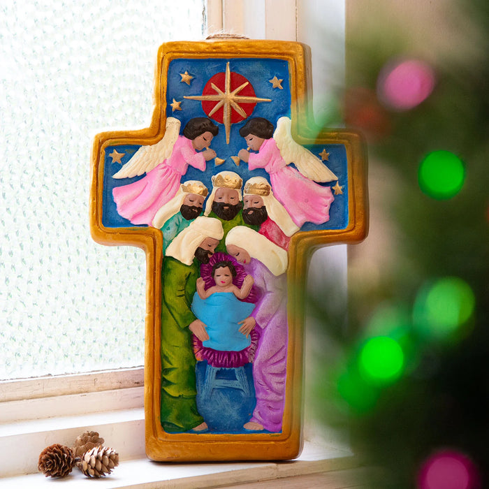 Nativity Cross - Fairtrade Terracotta Cross Handmade In Mexico, Size 30cm / 12 Inches High