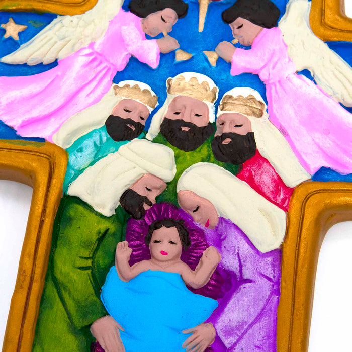 Nativity Cross - Fairtrade Terracotta Cross Handmade In Mexico, Size 30cm / 12 Inches High